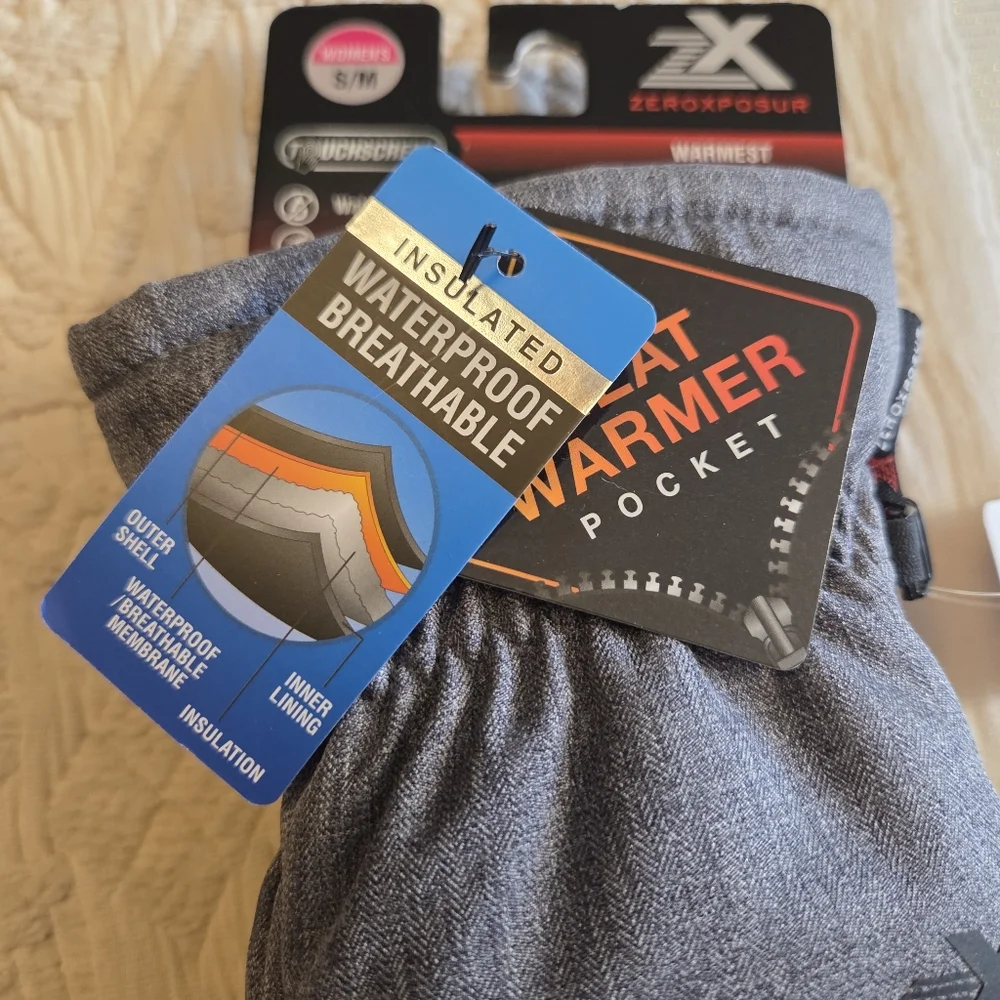 ZeroXposur Size Small-Medium Gray Insulated Winter Gloves Heat Warmer Pocket NWT